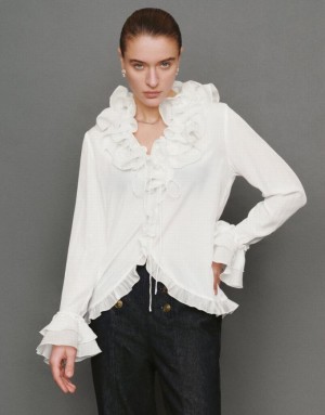 Urban Revivo Ruffle V-Neck Tie Front Women's Blouse White | ZHLNDXJ-06