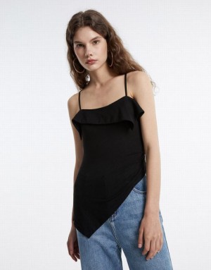 Urban Revivo Ruffled Asymmetric Women's Camisole Black | JTLUDGI-09