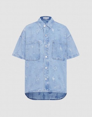 Urban Revivo Seashell Patched Pocket Denim Women's Shirts Blue | REULYAS-03