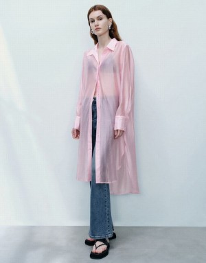 Urban Revivo Sheer Long Straight Women's Shirts Pink | TWGDSEA-89