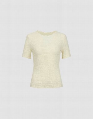 Urban Revivo Shirred Crew Neck Skinny Women's T-Shirts Cream | QBGSFHU-91