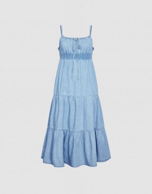 Urban Revivo Shirred Waist Tiered Cami Women's Denim Dress Blue | QFYDBXU-46