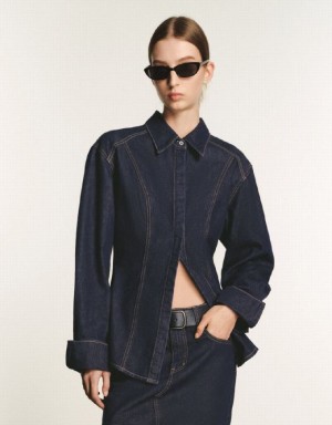 Urban Revivo Skater Denim Women's Shirts Navy | GJSTMEH-56