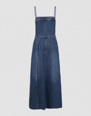 Urban Revivo Skinny Off-Shoulder Cami Women's Denim Dress Blue | UTRYKHO-26