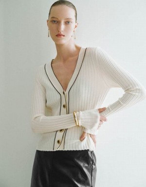 Urban Revivo Skinny V-Neck Knitted Women's Cardigan White | DYXWAEZ-37