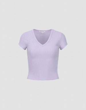 Urban Revivo Skinny V-Neck Knitted Women's T-Shirts Purple | WDOMGRQ-81