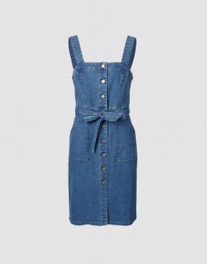 Urban Revivo Sleeveless Button Front Women's Denim Dress Blue | WUAZKOT-49