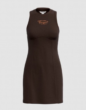 Urban Revivo Sleeveless Crew Neck Skinny Women's Dress Brown | JIDQWLT-60