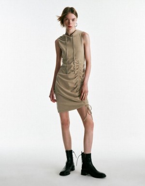 Urban Revivo Sleeveless Hooded Skater Women's Short Dress Khaki | AEVTIMO-84