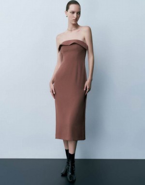 Urban Revivo Sleeveless Off-Shoulder Skinny Women's Dress Brown | BPVETUY-08