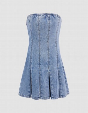 Urban Revivo Sleeveless Off-Shoulder Women's Denim Dress Blue | SJIELXU-14