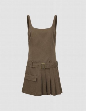 Urban Revivo Sleeveless U Neck A-Line Women's Dress Coffee | DFBWCZT-97