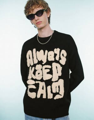 Urban Revivo Slogan Embroidered Knitted Men's Cardigan Black | ONAWIUJ-13