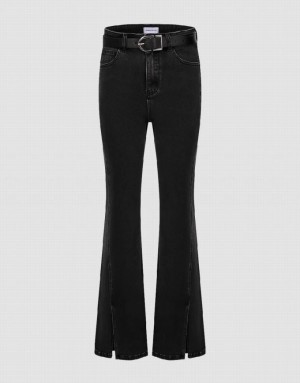 Urban Revivo Split Hem Flare With Belt Women's Jeans Black | FAWEOGS-46