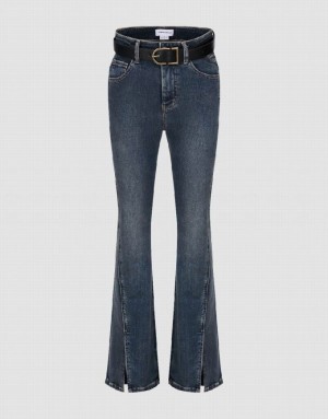 Urban Revivo Split Hem Flare With Belt Women's Jeans Blue | QSIRVKM-48