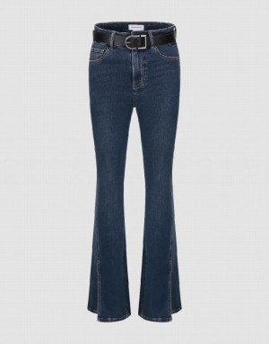 Urban Revivo Split Hem Flare With Belt Women's Jeans Blue | NCKVIQU-60