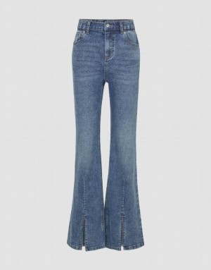 Urban Revivo Split Hem Flare Women's Jeans Blue | QOJPXAN-51