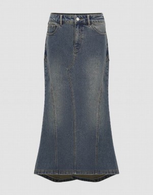 Urban Revivo Split Hem Midi Fishtail Women's Denim Skirt Blue | IHTRNDM-24