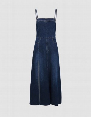 Urban Revivo Split Hem Off-Shoulder Cami Women's Denim Dress Blue | GTHLWOP-37