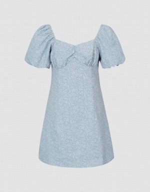 Urban Revivo Square-Cut Collar A-Line Women's Denim Dress Blue | FLOEUVQ-07