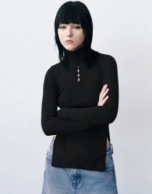 Urban Revivo Stand Collar Knitted Women's Cardigan Black | AKYZFEP-90