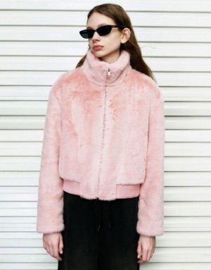 Urban Revivo Stand Collar Straight Furry Women's Coats Pink | RJANVZB-24