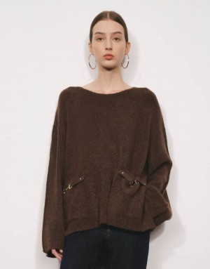 Urban Revivo Standard Sleeve Crew Neck Knitted Women's Cardigan Brown | KGZEUYS-68