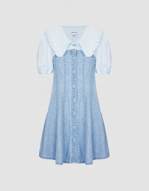 Urban Revivo Statement Collar Button Front Spliced Women's Denim Dress Blue | ZVLUMIN-79