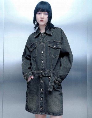 Urban Revivo Straight With Belt Women's Denim Dress Blue | WCEANFB-20