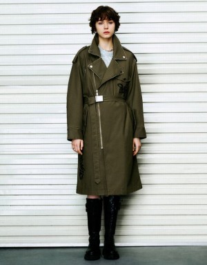 Urban Revivo Straight With Belt Women's Trench Coat Green | WZOAEPG-95