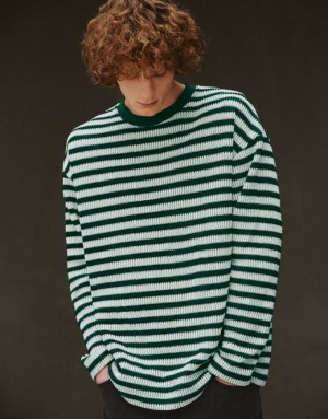 Urban Revivo Striped Sleeve Crew Neck Men's T-Shirts Green | ZEYUROV-43