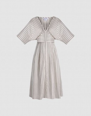 Urban Revivo Striped Button Front Midi Women's Midi Dress Khaki | QFNEYCK-23