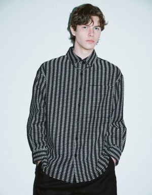 Urban Revivo Striped Button Up Oversized Men's Shirts Black | DKMQFIN-20