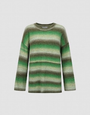 Urban Revivo Striped Crew Neck Knitted Women's Cardigan Green | TKZNSDW-93