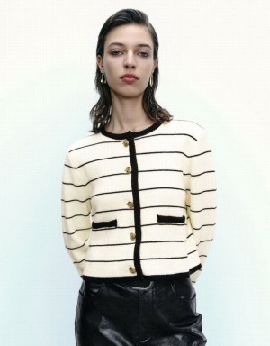 Urban Revivo Striped Crew Neck Knitted With Fake Pockets Women's Cardigan Black | NXKSVDF-39