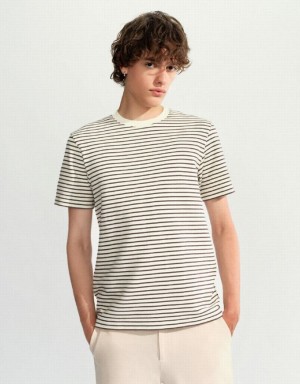 Urban Revivo Striped Crew Neck Men's T-Shirts White | NVJUECQ-25