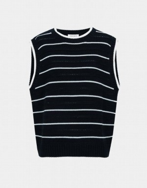 Urban Revivo Striped Crew Neck Women's Sweaters Black | EKYXFWQ-30