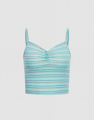 Urban Revivo Striped Half Button Knitted Women's Camisole Green | HOZGLJT-26