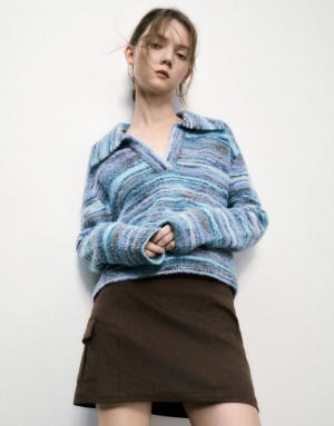 Urban Revivo Striped Lapel Knitted Women's Cardigan Blue | VSYIHNK-47