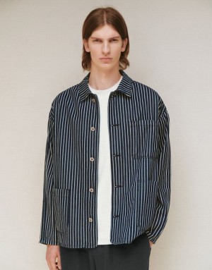 Urban Revivo Striped Men's Denim Jackets Blue | DTKMGSH-79