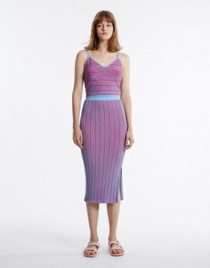 Urban Revivo Striped Midi Knit Women's Skirts Purple | WOVFDMJ-89