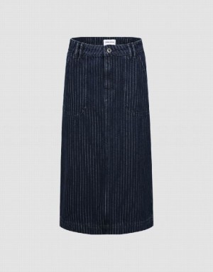 Urban Revivo Striped Midi Straight Women's Denim Skirt Blue | SKYZGIJ-07