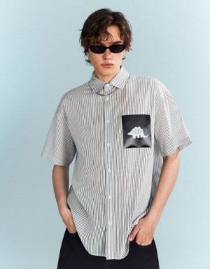 Urban Revivo Striped Oversized Men's Shirts Black | LOXFUDJ-18