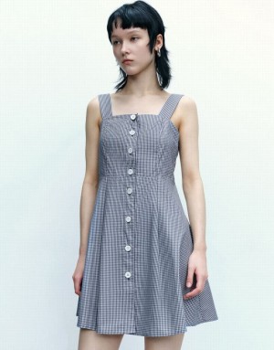 Urban Revivo Striped Sleeveless Square-Cut Collar A-Line Women's Dress Blue | XQOYSTI-17