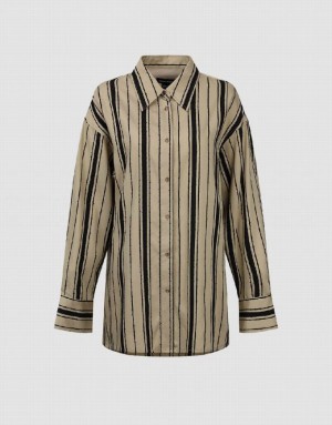 Urban Revivo Striped Straight Loose Women's Shirts Khaki | TIYUGOB-20