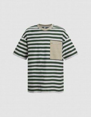 Urban Revivo Striped Straight Men's T-Shirts Green | RHMLCYQ-74