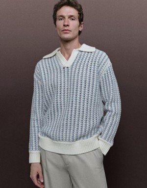 Urban Revivo Striped Two Toned Knitted Men's Cardigan Light Blue | RPDXNWY-45