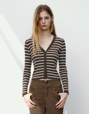 Urban Revivo Striped V-Neck Knitted Women's Cardigan Coffee | CDQTJGE-54