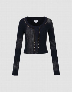 Urban Revivo Studded Decor Knitted Women's Cardigan Blue | TSHULCE-39