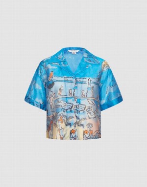 Urban Revivo Summer Landscape Women's Shirts Blue | FBYEZPR-25